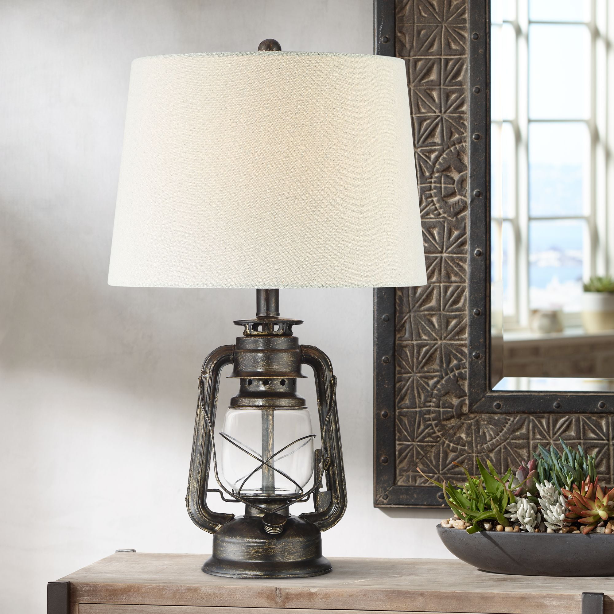 Franklin Iron Works Rustic Industrial, Industrial Bronze Iron Table Lamp With Beige Hardback Shade