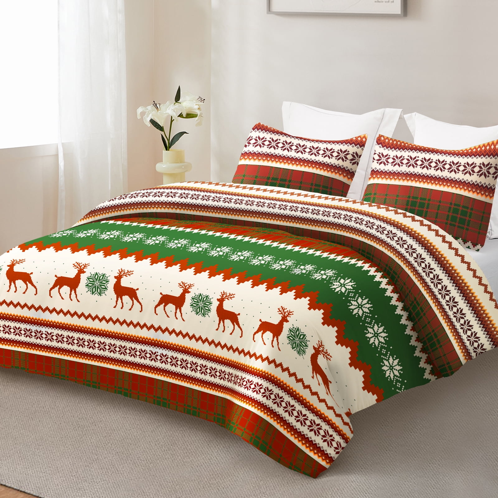 Whale Flotilla 3-Piece Queen Comforter Set, Soft Reversible Bedding Comforter Sets, Patchwork Printed Down Alternative Comforter Duvet for All Seasons,Happy Snowflake