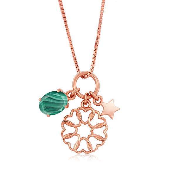 Gem Stone King 2.00 Ct Oval Green Malachite 18K Rose Gold Plated Silver Pendant with Chain