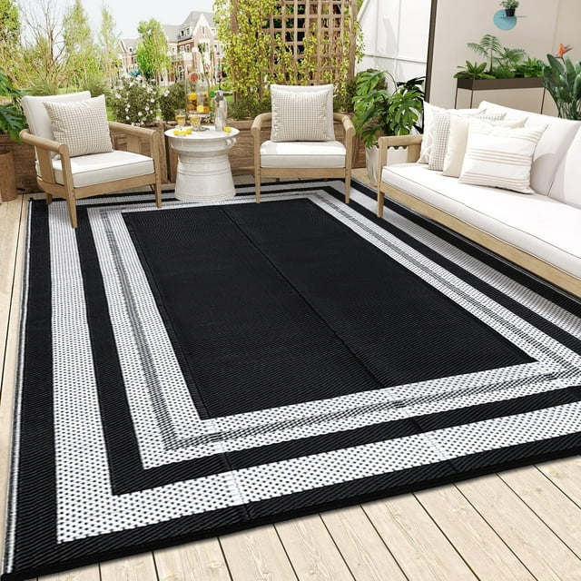 Gavee Tapis d'Extérieur Imperméable 9 Pieds X 18 Pieds, Tapis de Patio Réversible pour Intérieur et Extérieur, Tapis Moderne Géométrique en Plastique pour VR, Camping, Terrasse, Balcon, Porche, Pique-Nique, avec Sac de Rangement, Noir et Blanc