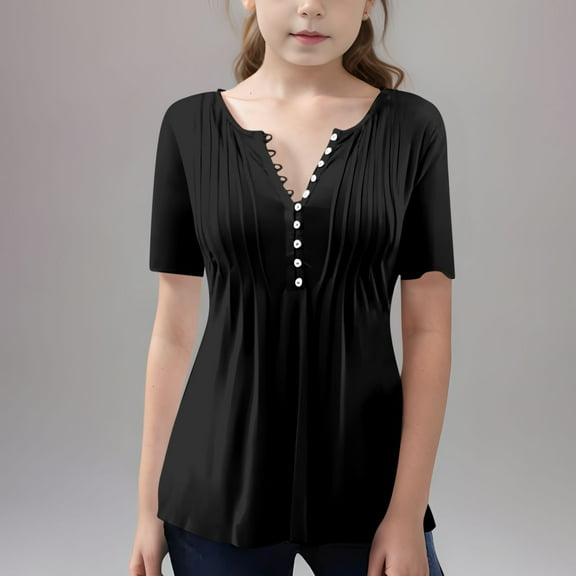 ABPWLY Clothes for Girls Tunic Tops for Kids Trendy Button up V Neck Pleated Hem Shirts Blouses Fashion Solid Short Sleeve Tops Girls Tops(Size:3-4 Years)