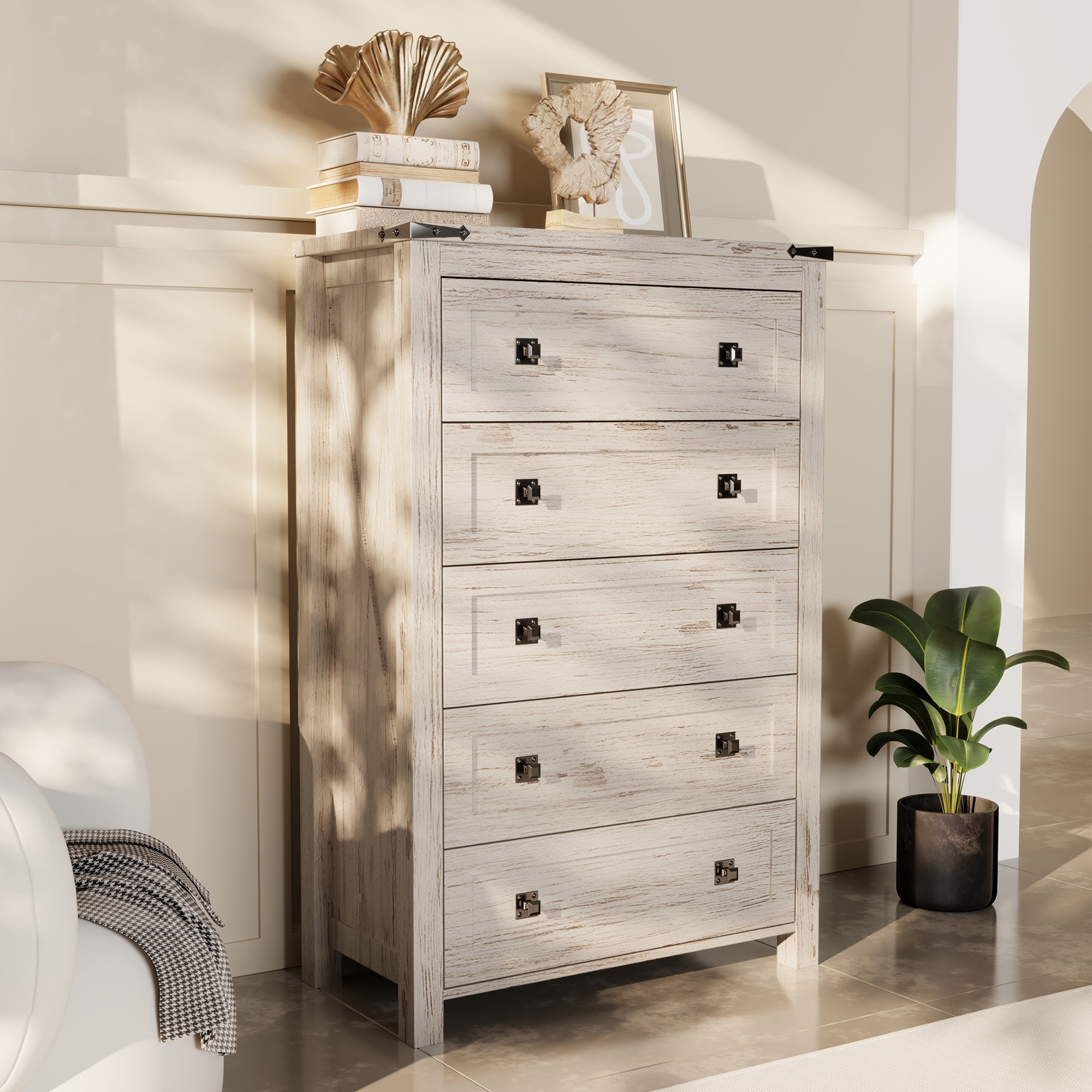 Keywhat Farmhouse 5 Drawer Dresser for Bedroom, Chest of Drawers Wood Organizer for Living Room, Antique Brush White