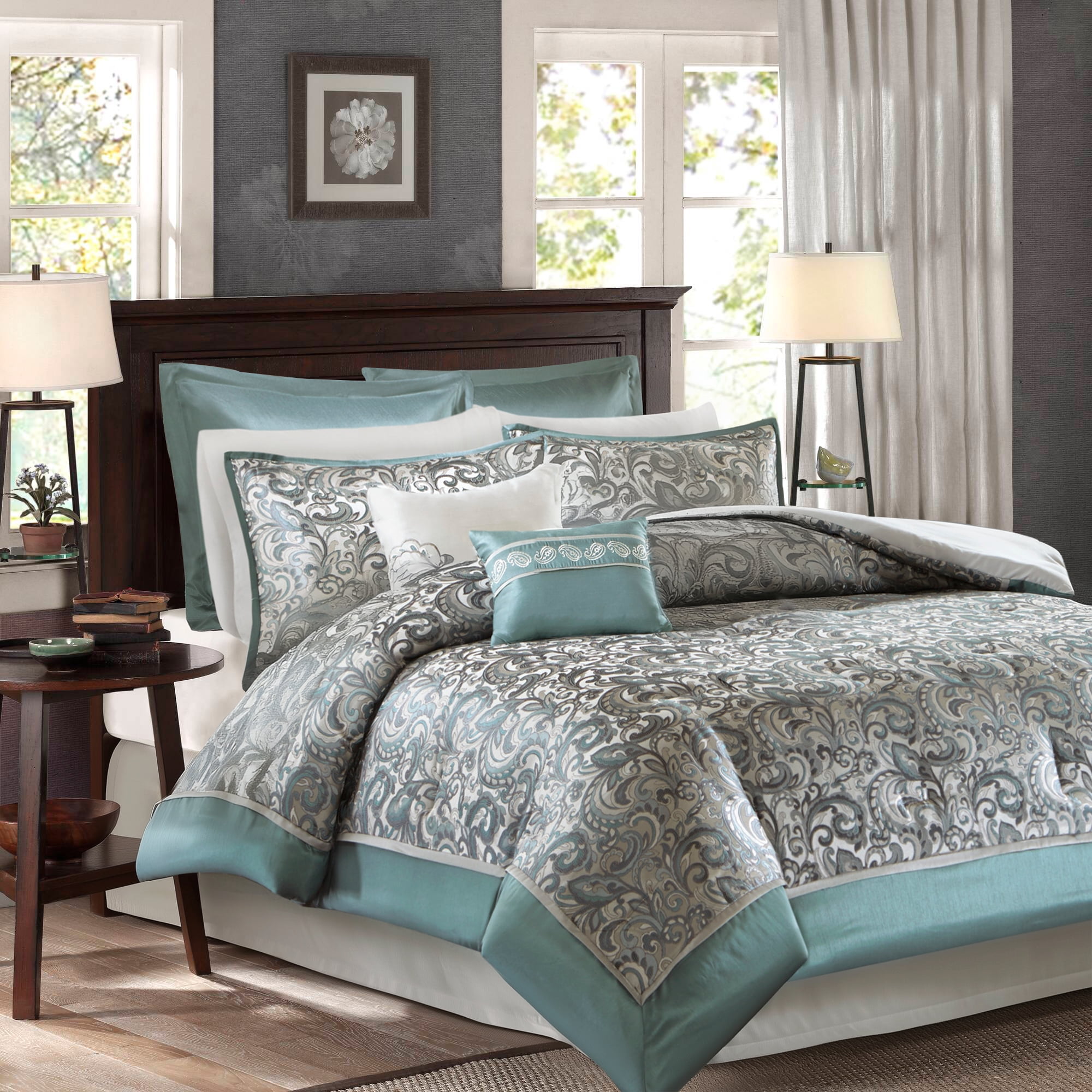 Regency Heights 8 Pieces Jacquard Comforter Set with Bedskirt and Decor Pillows, Queen, Teal