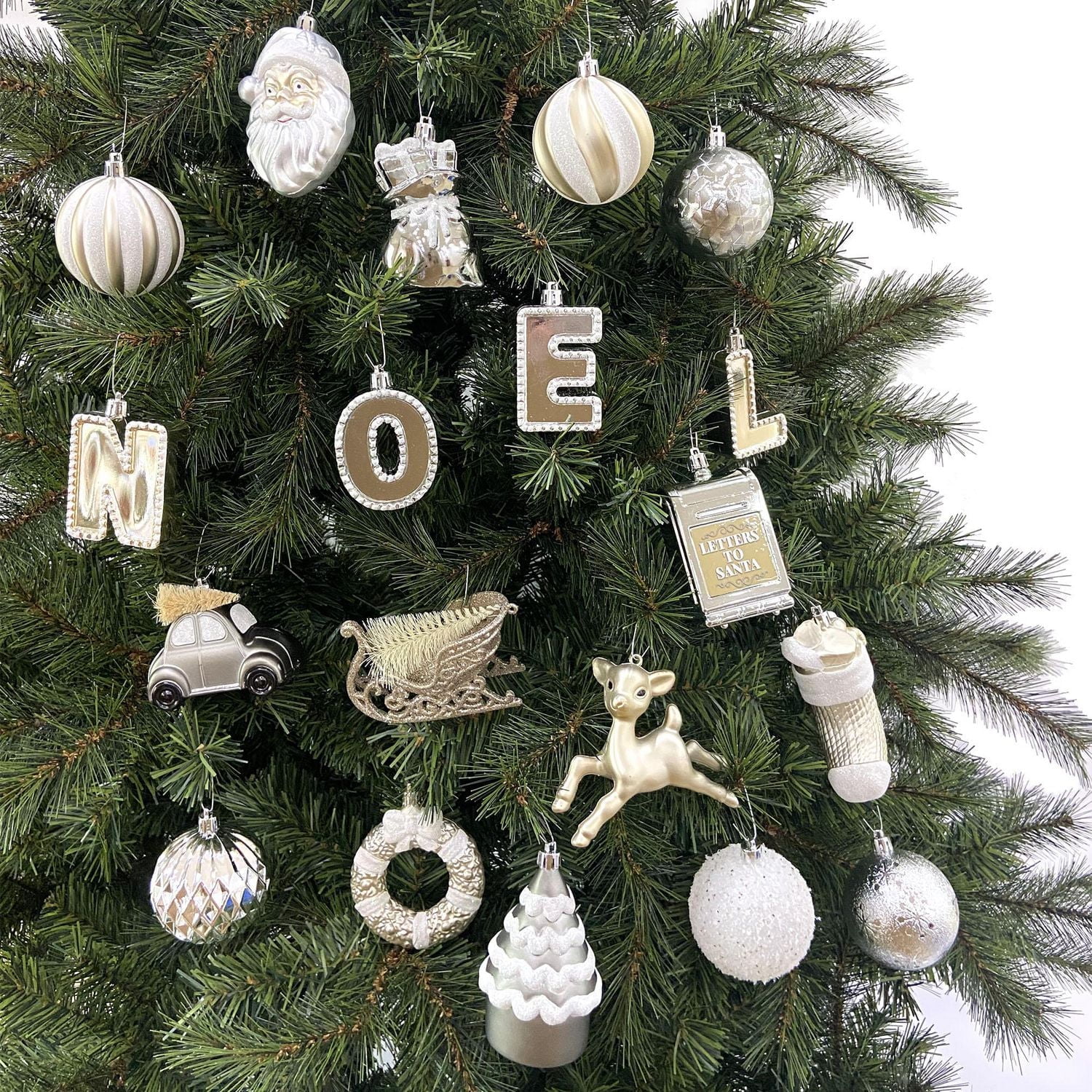 Holiday Time 50-Count Iconic Symbols of Christmas Shatterproof Christmas Ornaments, Gray/Gold/Silver/White, 50 pieces