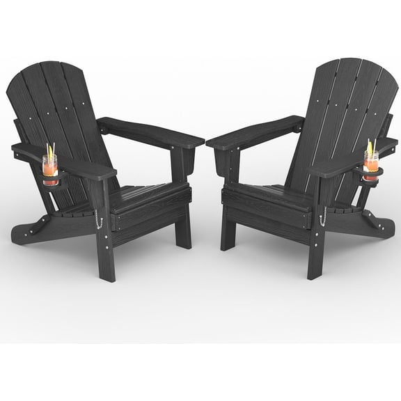 Folding Adirondack Chair Set of 2, All-Weather HDPE Outdoor Chair, Wooden Textured with Cup Holder for patios, Decks, Gardens, fire pits, Black