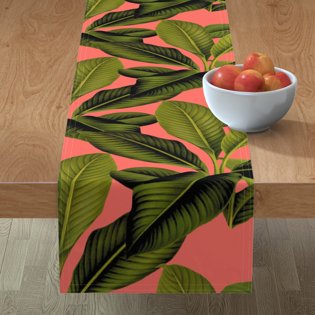 Table Runner Coral Palms Tropical Jungle Vintage Botanical Pink Cotton Sateen 