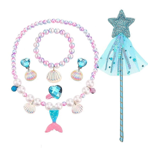 Juego de joyas de sirena para niñas pequeñas, collar elástico de princesa sirena, pulsera, aretes, anillo, joyería para niños pequeños de 2 años