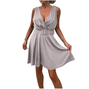 Kaemgyyd Dresses for Women Deep V Neck Casual Summer Short Dress Sleeveless A Line Flowy Mini Beach Dress for Belted