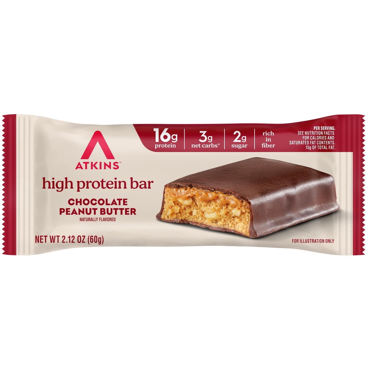 Atkins High Protein Bars, Chocolate Peanut Butter Flavored, 16g of Protein, 3g Net Carbs, Value Pack, 8 Count