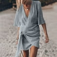 thumbnail image 5 of Women Lightweight Linen T Shirt Dress Wrap V Neck Ruched Side Tie Knot Casual Solid Color Breathable Summer Outfits, 5 of 9