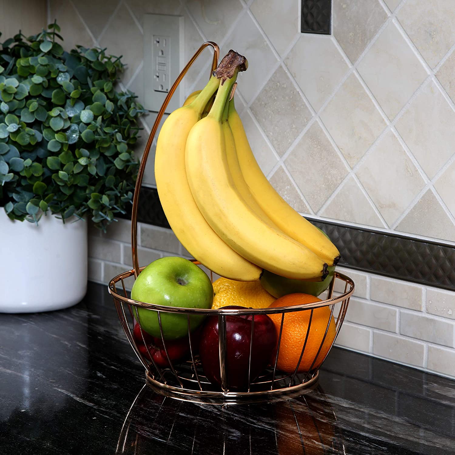 Smart Design Banana and Fruit Basket Bowl Hanger Holder Stand - Steel Metal Frame - Basket Holds 10 lbs. - Fruits, Vegetables, Food Storage and Display - Kitchen - 9.9 x 13.4 Inch - Rose Gold