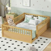 Generic Montessori Floor Bed Frame with Safety Fence - Low Profile Wooden Bed Bedroom & Playroom, Natural Wood Finish, Natural