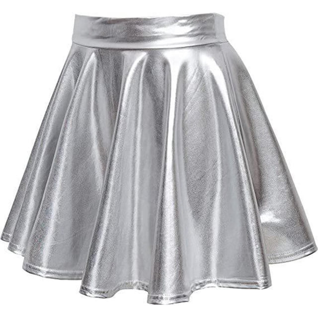 Jupe Métallique Brillante pour Femmes, Taille Haute, Extensible, Plissée, Évasée, Mini Jupe Patineuse pour Fête