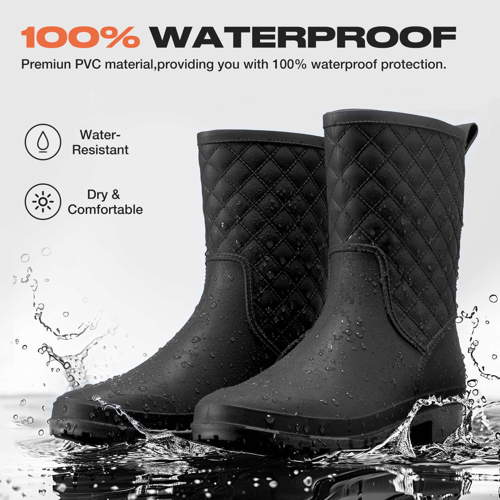 HISEA Women's Waterproof Mid-Calf Rain Boots, Lightweight, Slip-Resistant, Comfortable with Foam Insole,Black,Size 9
