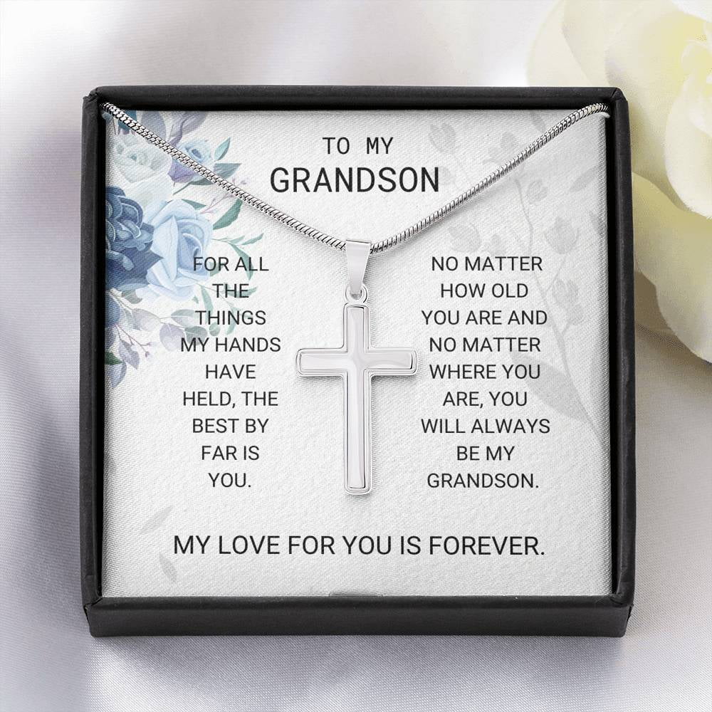 Grandson Best by Far is You Artisan Cross Necklace, Grandson Necklace