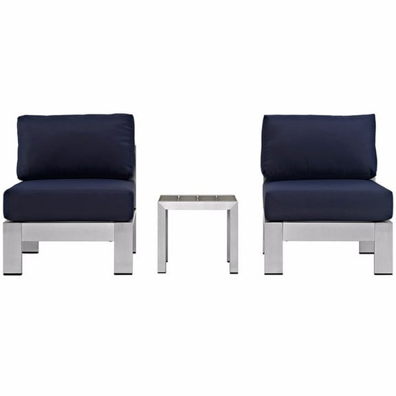 Shore 3 Piece Outdoor Patio Aluminum Sectional Sofa Set Silver Navy