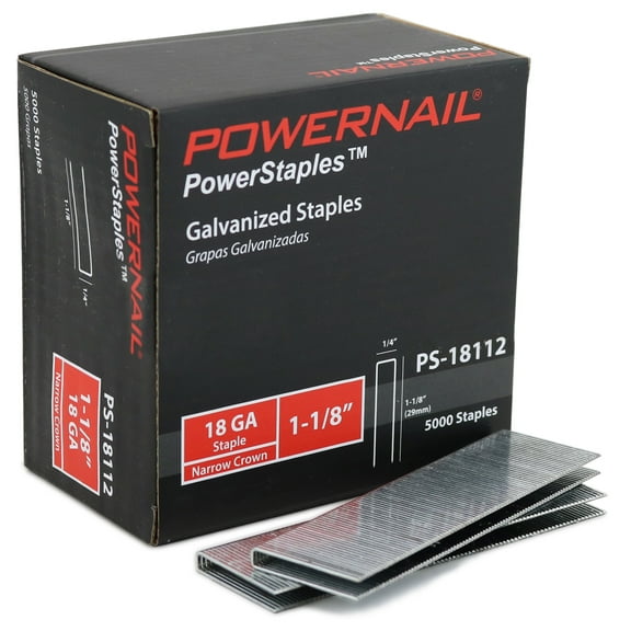 Powernail PS18112 18 Gauge 1/4 Inch Narrow Crown Staples, 1-1/8 Inch Length Heavy Duty Galvanized Chisel Point Staples for Electric or Pneumatic Narrow Crown Stapler Guns (Box of 5,000)