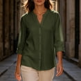 thumbnail image 3 of Perfectbot Women's Collarless Button Down Shirt, 3/4 Sleeve Cotton Linen Tunic Blouse with Curved Hem, 3 of 8