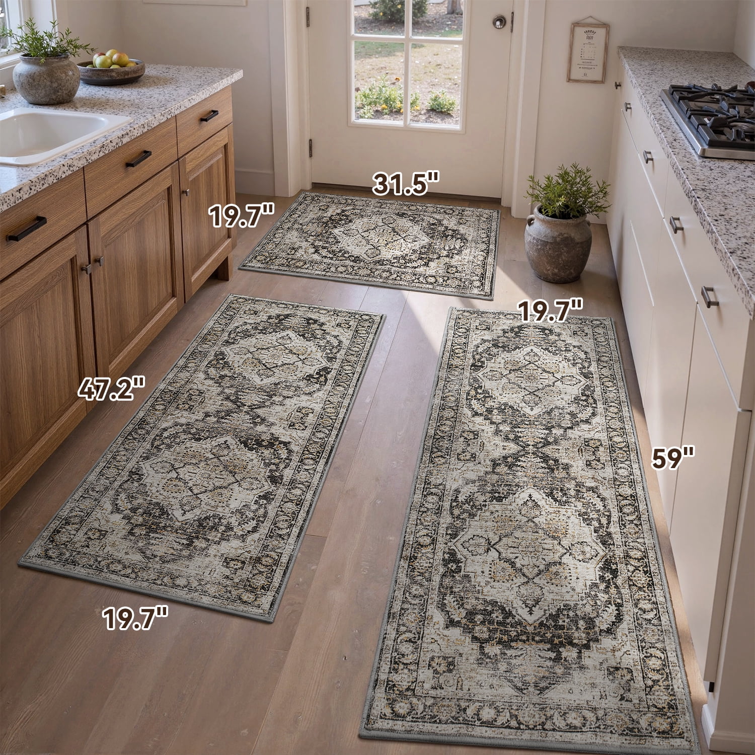 SIXHOME 3-Piece Kitchen Rugs and Runner Set Washable Vintage Kitchen Mat Non-Slip Low-Profile Rugs for Kitchen Sink Laundry Bedside 20"x32"+20"x48"+20"x59" Black