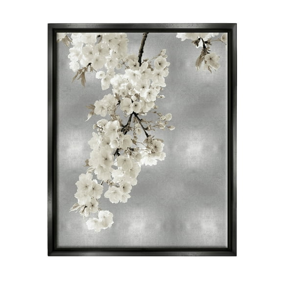 Stupell Industries Cherry Blossoms on Grey Botanical & Floral Painting Black Floater Framed Canvas Art Print Wall Art, 17 x 21