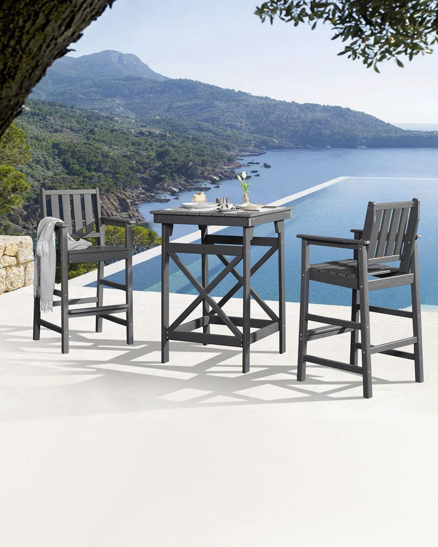 3-Piece Adirondack Bar Table Set, HDPE Outdoor Bar Height Chairs and Table Set, All Weather Patio Bar Furniture for Balcony, Porch, Garden, Poolside, Smoke Gray