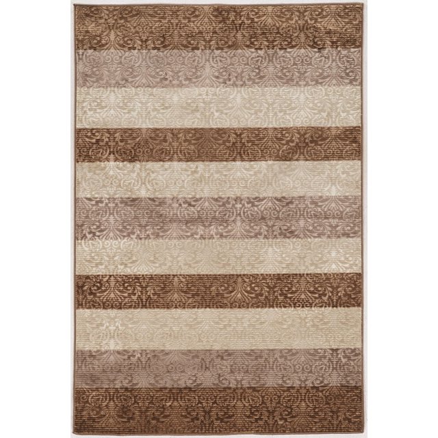 Beige and brown area rug featuring horizontal damask stripes in varying shades, measuring 5 ft. by 7 ft. 6 in.