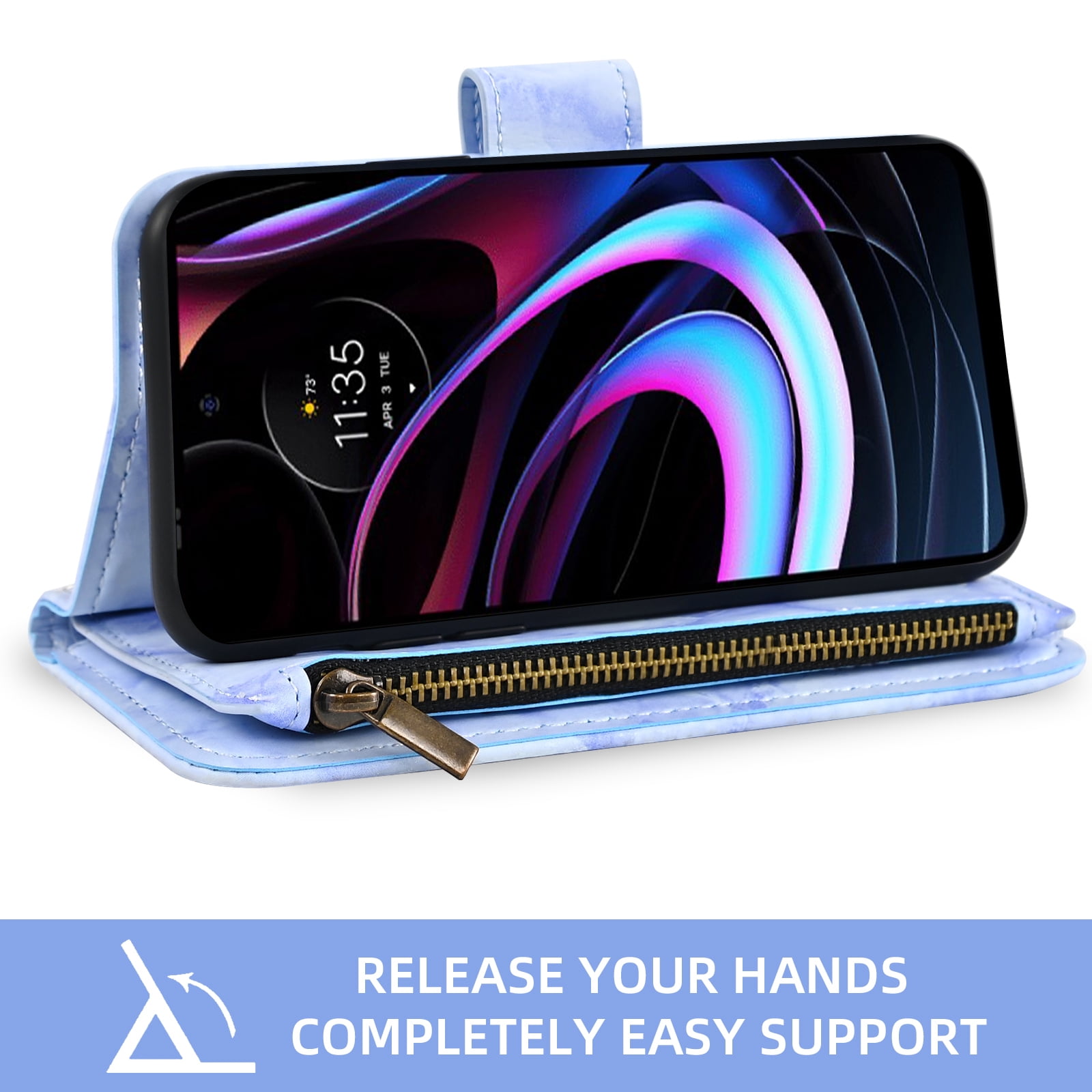 Compatible with Motorola Moto Edge 2021/MotoEdge 5G UW 2021 Wallet Phone Case and Tempered Glass Screen Protector Marble Faux Leather Flip Credit Card Holder Stand Zipper Cell Cover for XT2141-1 Blue