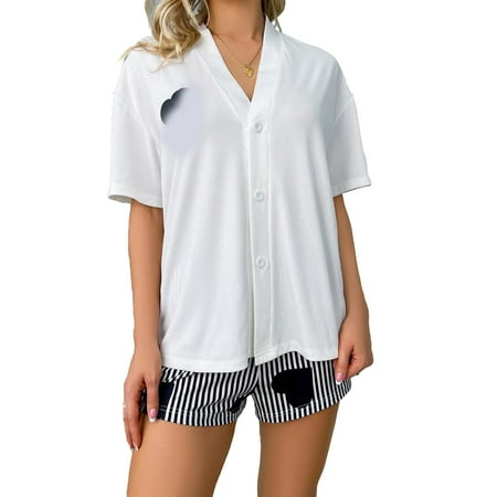 

Casual Striped V neck Short Sets Short Sleeve White Women Pajama Sets (Women s)