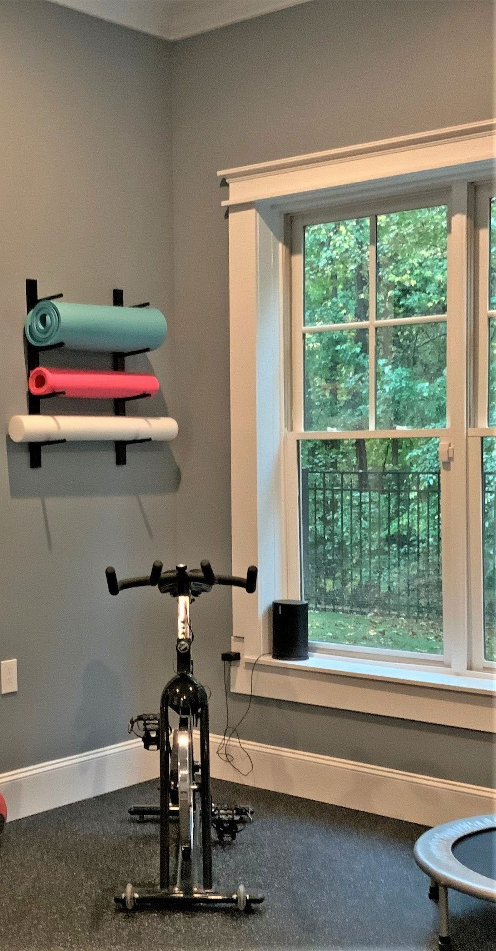 Foam Roller & Yoga Mat Storage Rack. Holds 4, 8, 12 etc. Modular (Sold by The Pairs and no. of Pairs You get Determines no. of mats/Rollers You Hold). Easy Wall Mount. Hardware Included. Black.