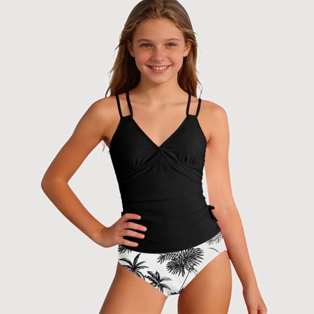 Gyujnb Girls Two Piece Bikini Set with Tropical Floral Print & Removable Padding Adjustable Straps (Big Girls) 15-16 Years