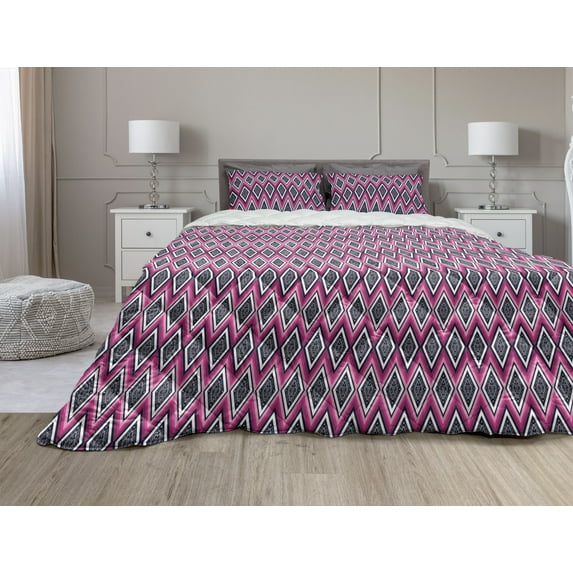Ethnic Comforter & Sham Bedding Set, Geometric Pattern Traditional Style Chevron Zigzags Pink Tone Stripes and Diamond, 3 pcs Duvet Set Microfiber Filling Quilt, 5 Sizes, Multicolor, by Ambesonne