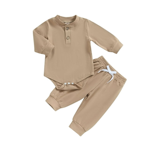 SUNSIOM Baby Boy 2 Piece Outfit Solid Color Button Long Sleeve Rompers and Elastic Pants Fall Clothes
