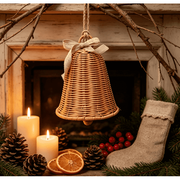AMARHH Handwoven Handwoven Rattan Bells Ornaments, 8 Inch Wicker Hanging Bells with White Ribbon, Rustic Xmas Tree Decorations for Holiday Home Party Decor Gift