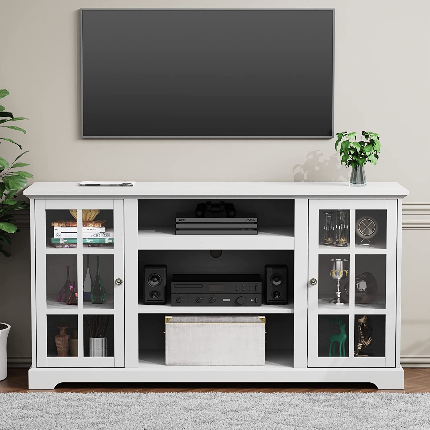 Relefree Modern Farmhouse TV Stand With Glass Door 58 In Entertainment 