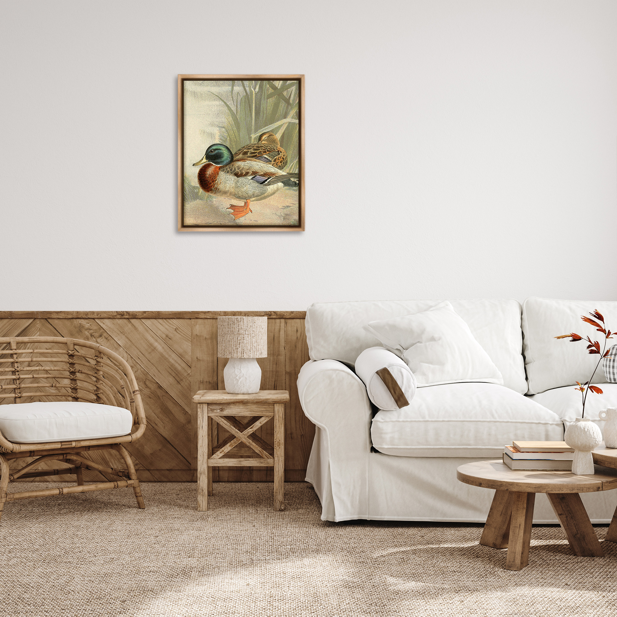 Stupell Industries Pond Ducks Relaxing Animals & Insects Painting Brown Floater Framed Canvas Art Print Wall Art, 25 x 31