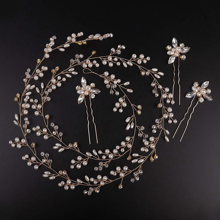 Gold Extra Long Pearl and Crystal Beads Bridal Hair Vine  display picture 3