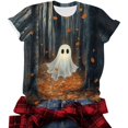 thumbnail image 6 of Women's Fall Halloween Shirts Forest Ghost Graphic Tees Short Sleeve Crew Neck T-Shirts Casual Autumn Leaves Novelty Tops Festive Holiday Wear, 6 of 6