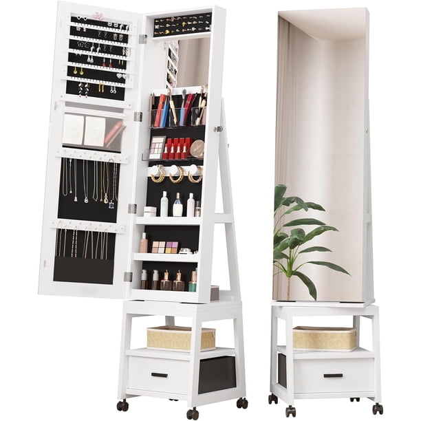 360-degree swiveling mirror jewelry gabinete - tamaño completo-length mirror, lockable almacenamiento con cajón y wheels, blanca