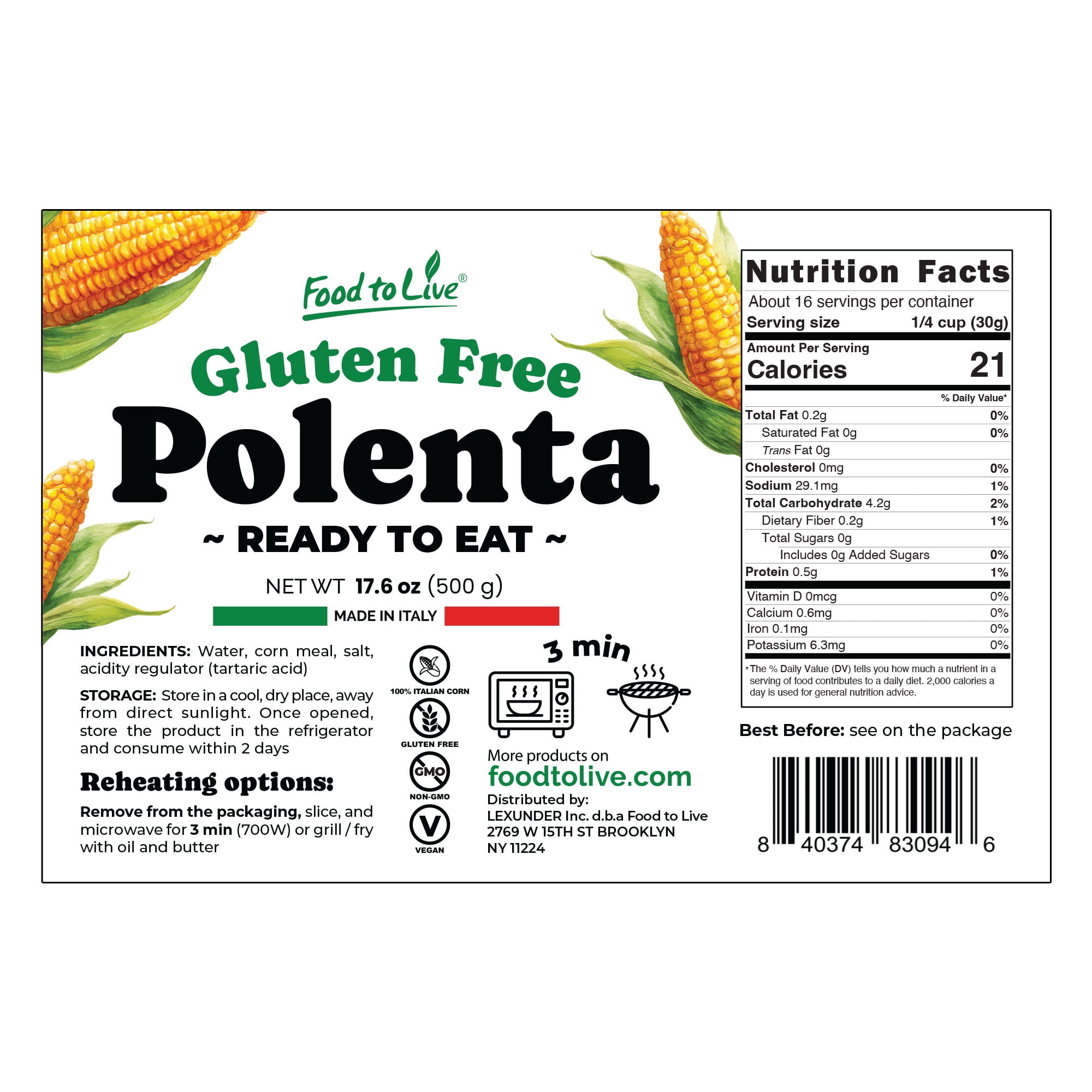 Food To Live Gluten-Free Polenta Ready To Eat, 17.6oz (500g) – Traditional Italian Pre-cooked Yellow Cornmeal, Vegan (Pack of 12)
