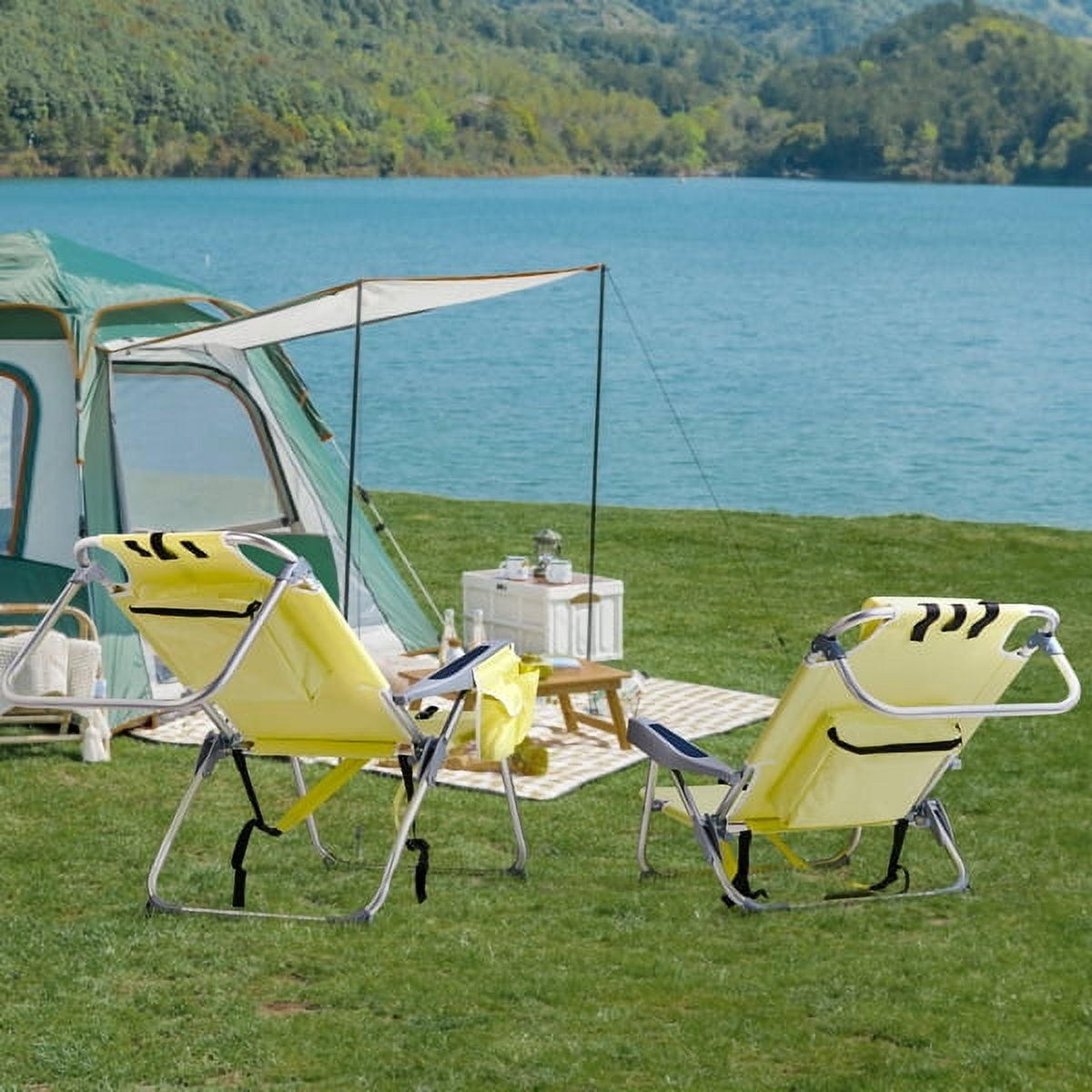 63*65*82cm Short Oxford Cloth Silver White Aluminum Tube Bearing 100kg Beach Chair with Cup Holder Storage Pouches Yellow