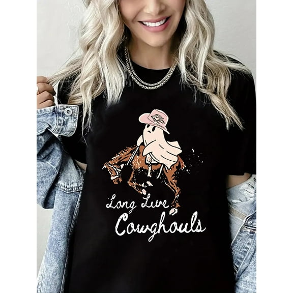 Cowboy Ghost Print Halloween Short Sleeve Shirt for Women