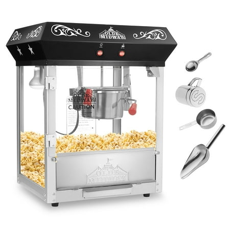 Olde Midway Bar Style Popcorn Machine Maker Popper with 6-Ounce Kettle - Black