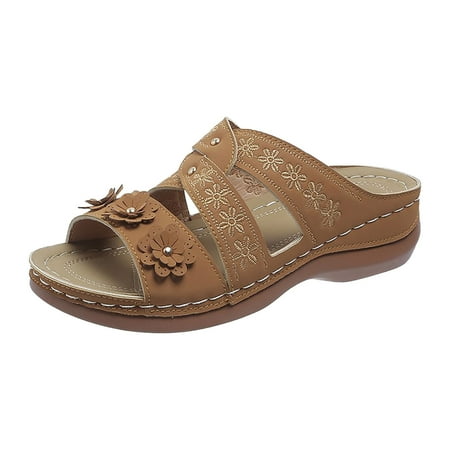 

CBGELRT Womens Sandals Brown Decorative Sandals for Women Slope Heel Slippers Summer Fashion Slope Heel Thick Soled Massage Retro Beach Slippers Sandalias