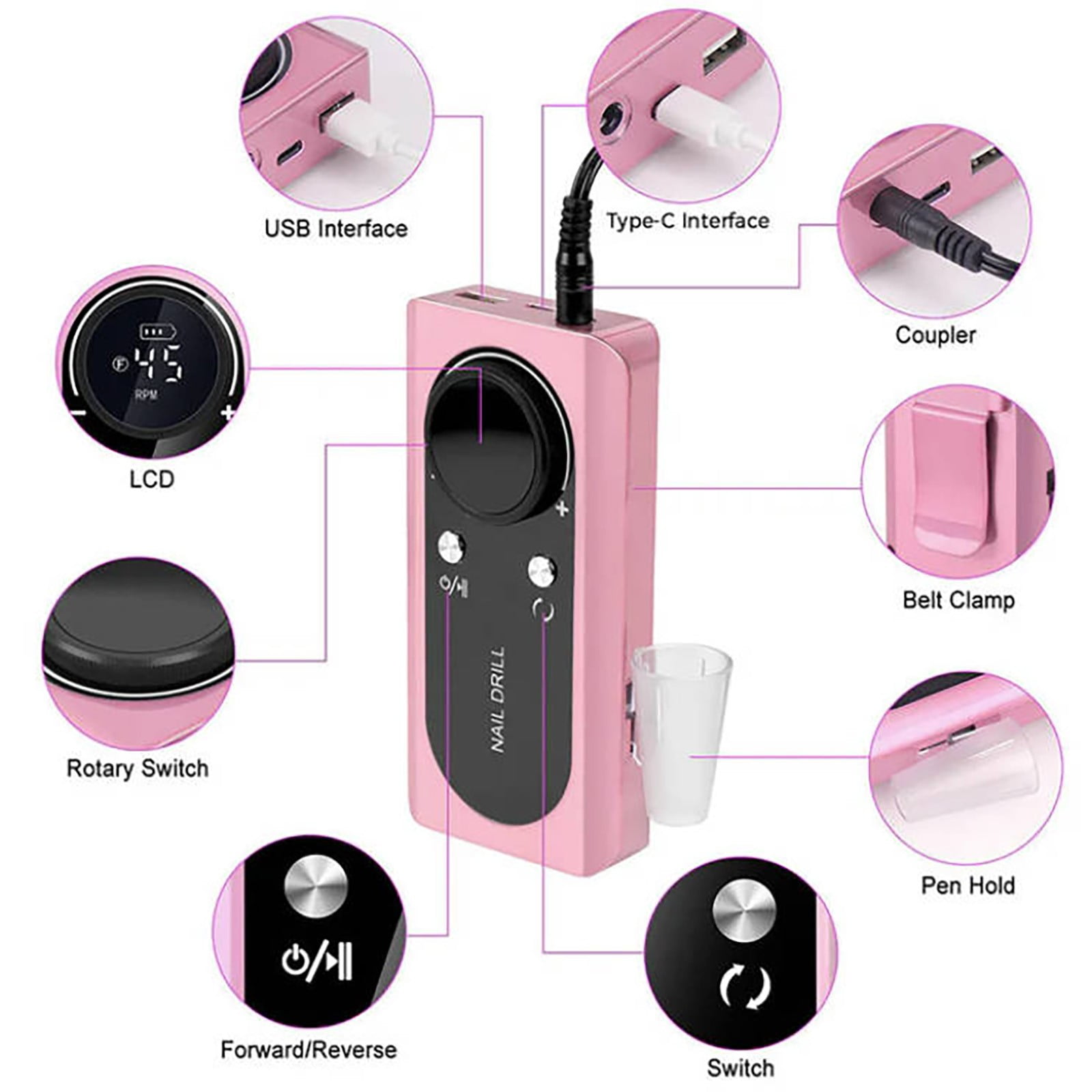 Rechargeable Nail Drill Machine for Efficient Filing and Polish Removal with Ergonomic Design and Seamless Control