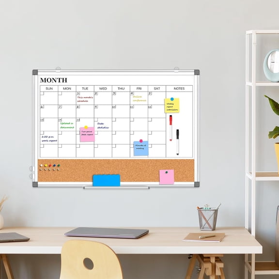 Monthly Calendar Whiteboard Dry Erase Cork Board Combo for Wall, 30" x 20" Magnetic Double-Sided Calendar White Board and Bulletin Board, Portable Board for Office, Kitchen, School, Home, Dorm