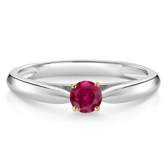 Gem Stone King 0.25 Ct Round Red Created Ruby 925 Silver and 10K Yellow Gold Solitaire Engagement Ring (Size 7)