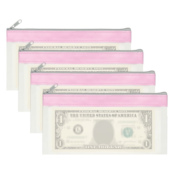 8.5x4 Inch Money Bags with Zipper, 4Pcs Clear Cash Deposit Bank Pouch Envelopes Check Wallet for Coin Cosmetics Invioce Bill, Pink