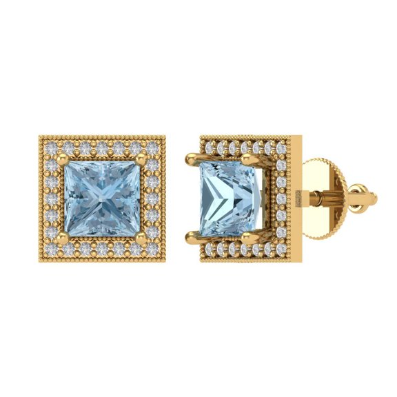 2.24 ct Screw-Back Stud Earrings for Women | 5.5mm Princess Cut Natural Aquamarine | 18K Yellow Gold