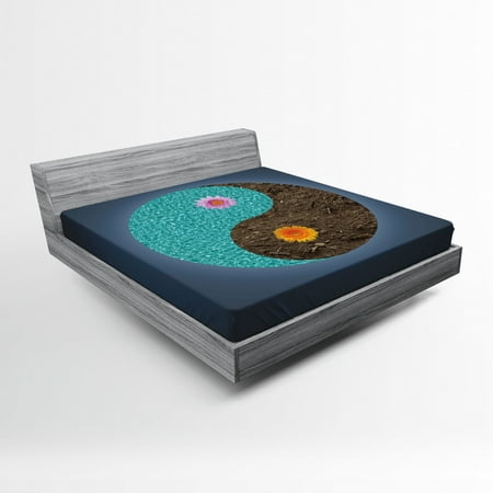Yoga Fitted Sheet Yin Yang with Flowers Peace Balance Earth Opposite Contrary Forces Art, Soft Decorative Fabric Bedding, Slate Blue Turquoise, by Ambesonne