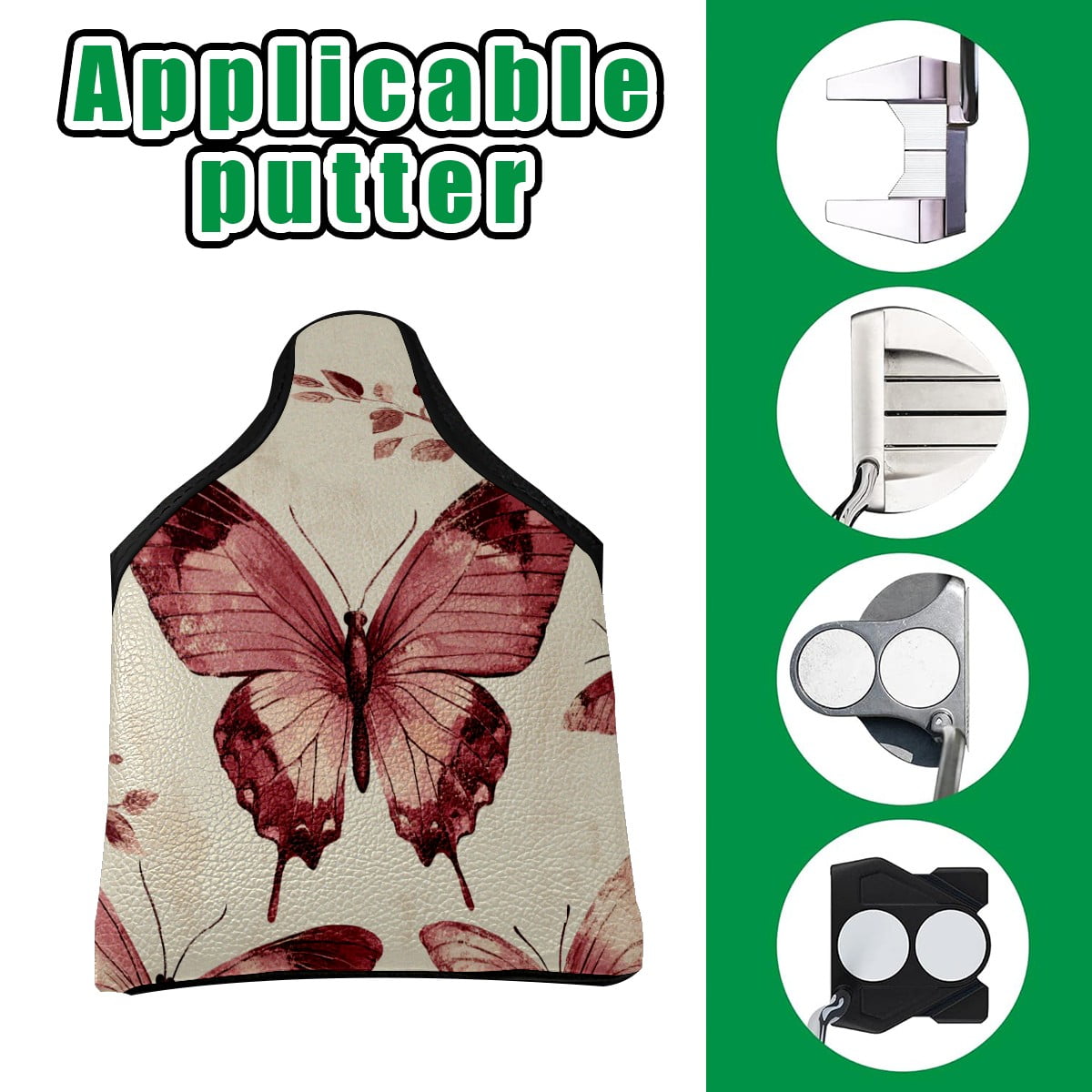 Golf Mallet Putter Cover Premium Leather Waterproof Golf Putter Head Cover with Magnetic Closure Rose-red Butterfly